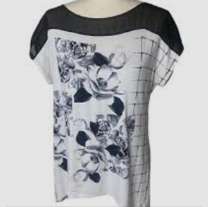 White House Black Market Floral Grid Top - Black and White